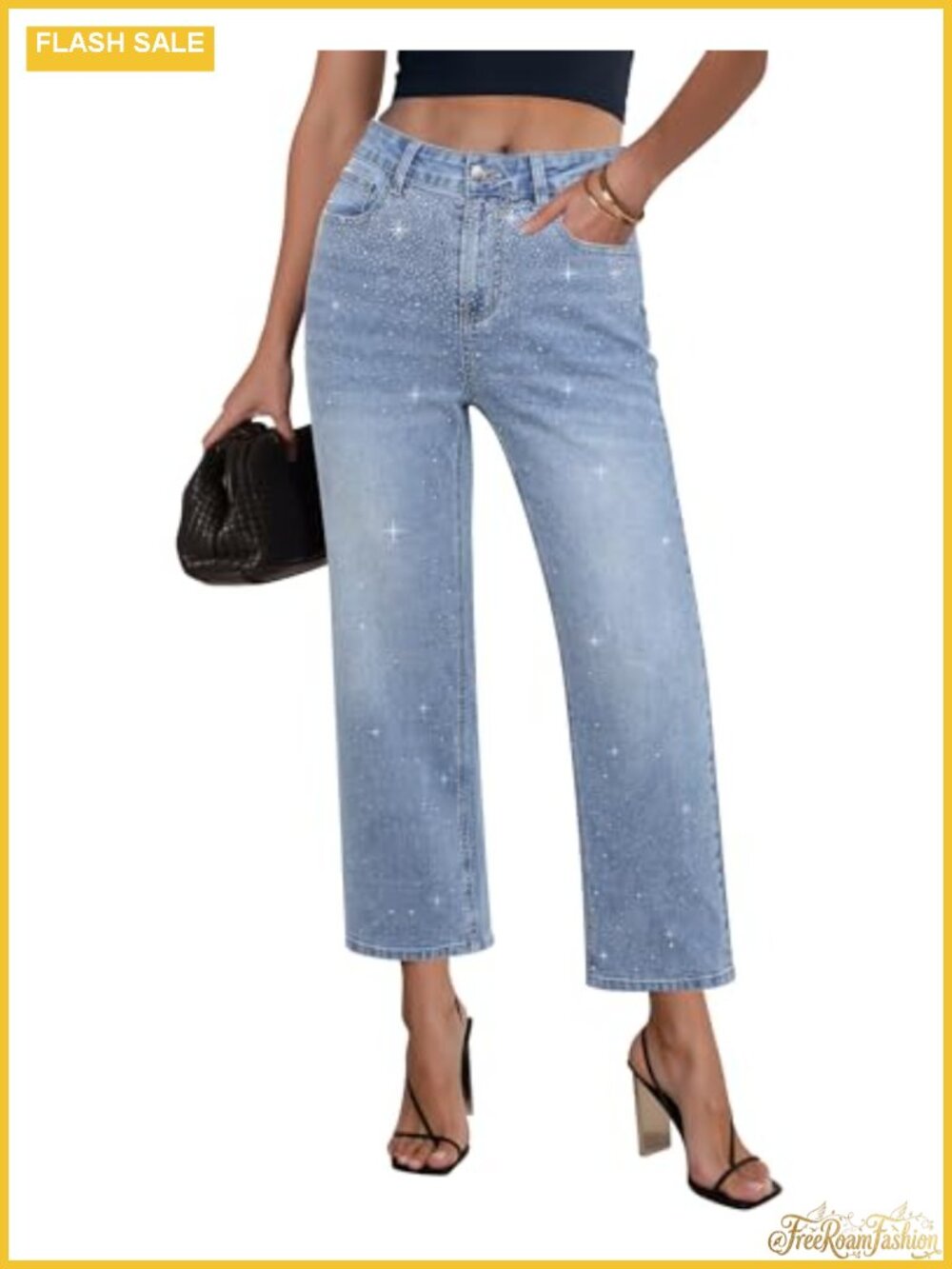 High Waisted Straight Leg Rhinestone Jeans Sparkly Concert Party Night Out
